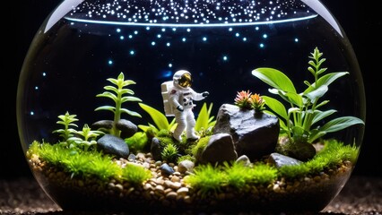 A creative space-themed terrarium featuring an astronaut figure, rocks, plants, and stars inside a glass bowl, capturing a miniature cosmic landscape.