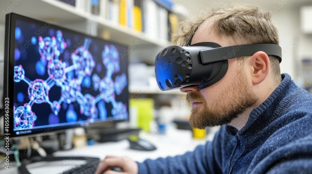 Poster Man wearing VR headset looking at molecular model on computer screen
