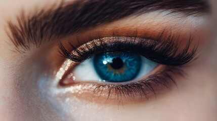 Obraz premium Extremely long false eyelashes on a female eye. Extensions for eyelashes. Beauty, cosmetics, and makeup. Macro, up close.