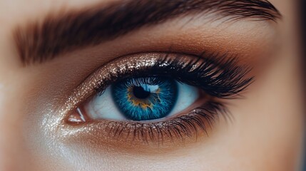 Obraz premium Extremely long false eyelashes on a female eye. Extensions for eyelashes. Beauty, cosmetics, and makeup. Macro, up close.