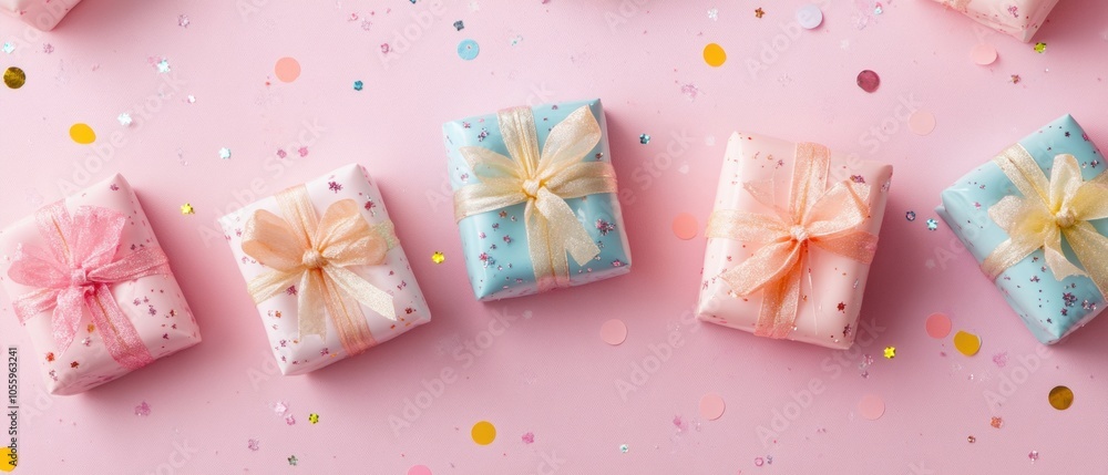 Poster a row of colorful presents with bows on them are arranged on a pink background