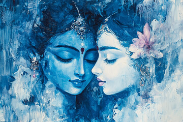 Blue painting of Radha Krishna love