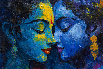 Blue painting of Radha Krishna love