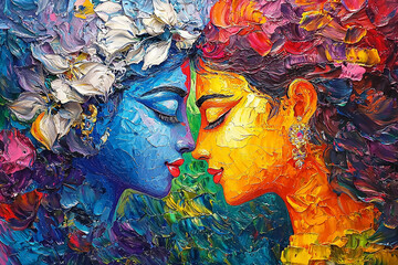 Colorful oil painting of Radha Krishna love