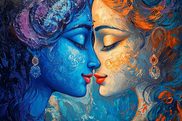 Blue painting of Radha Krishna love