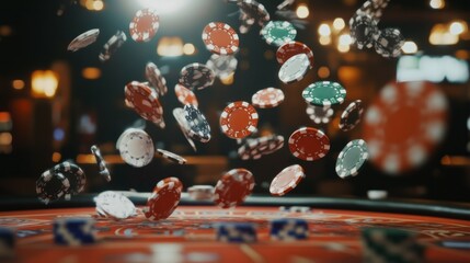 Fototapeta premium a cassino table with many poker chips falling in the air 