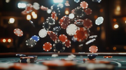 a cassino table with many poker chips falling in the air 