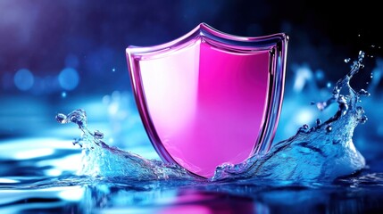 A pink shield protected by water, symbolizing security and safety in the digital age.