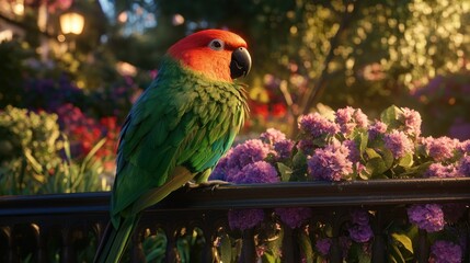 Red-headed Parrot Perched on a Railing Amidst Purple Flowers