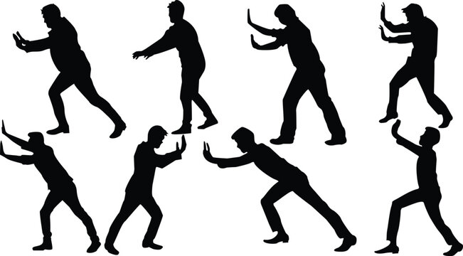 Silhouette of pushing , Stopping others, silhouette of dancing men,Posses of man






