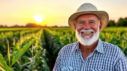 Fototapeta premium Cheerful farmer smiling in a cornfield at sunset, wearing a straw hat.
