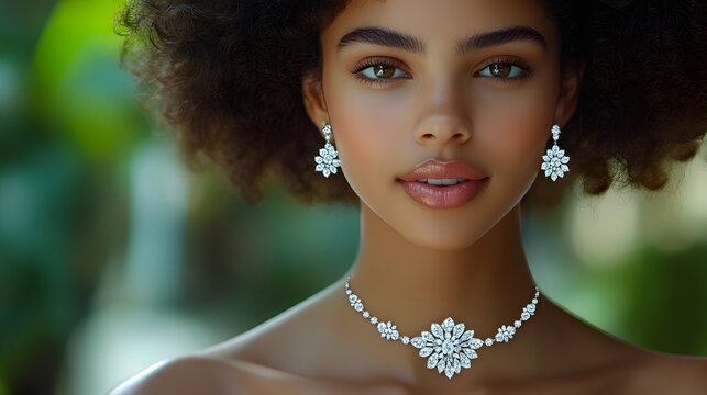 Close-up of a beautiful woman with natural curls, wearing a floral choker necklace and matching earrings, exuding elegance and sophistication.