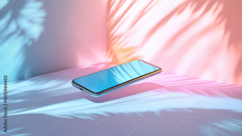 Poster A phone is sitting on a table with a shadow of a palm tree behind it