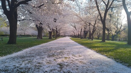 Obraz premium A park filled with cherry blossom trees in full bloom, with a walking path lined by fallen petals.