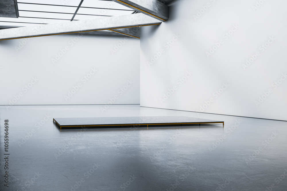 Poster clean spacious concrete interior with pedestal and mock up place on gray wall. mock up, 3d rendering