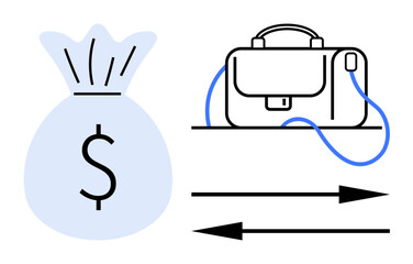 Money bag with dollar sign, briefcase, and arrows indicating transaction or transfer. Ideal for financial services, banking, business operations, money management, investment strategies, corporate