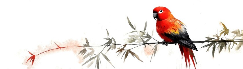 Obraz premium Colorful parrot perched on bamboo branch, white isolated background