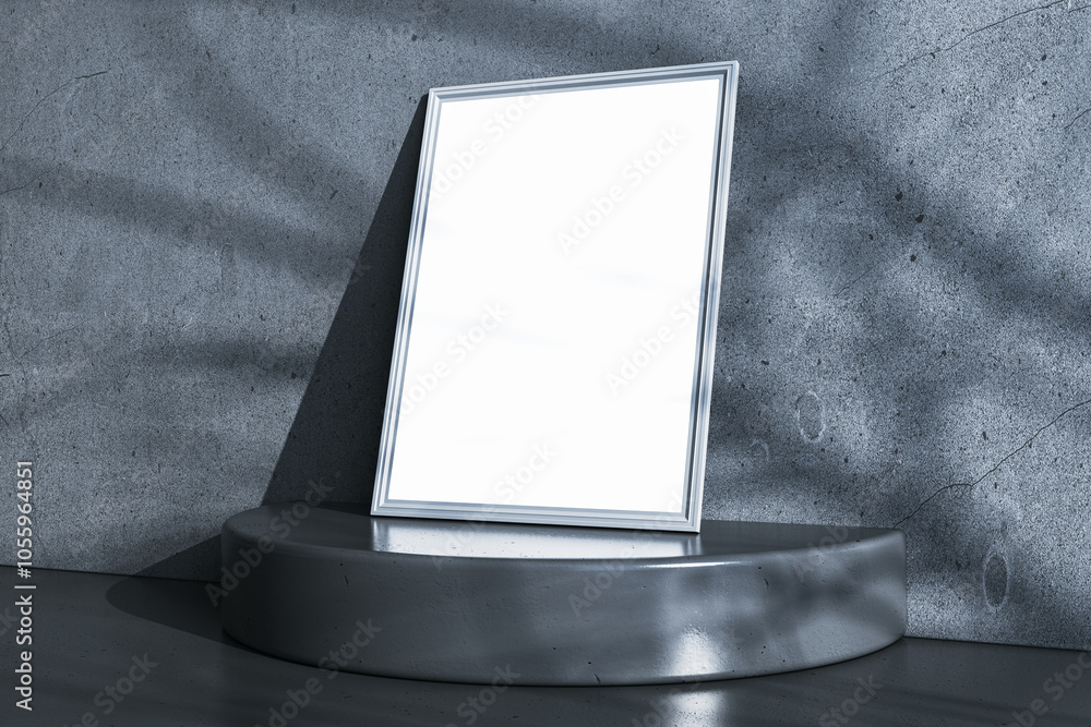 Poster empty white frame on podium. gray concrete wall background. mock up concept. 3d rendering.