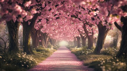 A pathway lined with blooming cherry blossom trees, creating a tunnel of pink flowers overhead.
