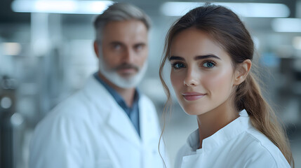 Obraz premium female scientist with a male colleague in the background, both in lab coats, standing in a laboratory setting, symbolizing teamwork, research, and scientific innovation.