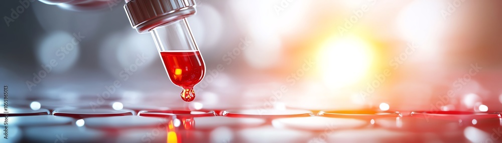 Poster a close-up of a dropper pouring red liquid onto a reflective surface, creating an artistic visual ef