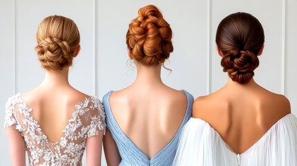 Three elegant hairstyles showcased from the back on beautiful women.