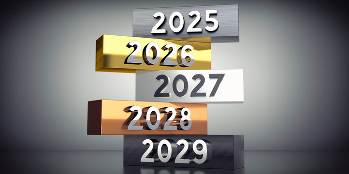 2025, 2026, 2027, 2028, 2029 - words on metal blocks - 3D illustration