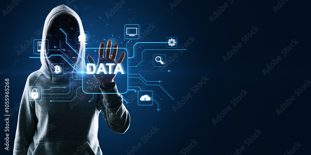 Poster Hacker in hoodie using glowing data hologram on blue background with mock up place. Big data, hacking and phishing concept.