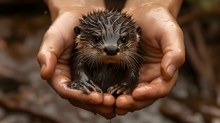 A person gently holding a small, adorable otter in their hands, showcasing tenderness and connection with wildlife.