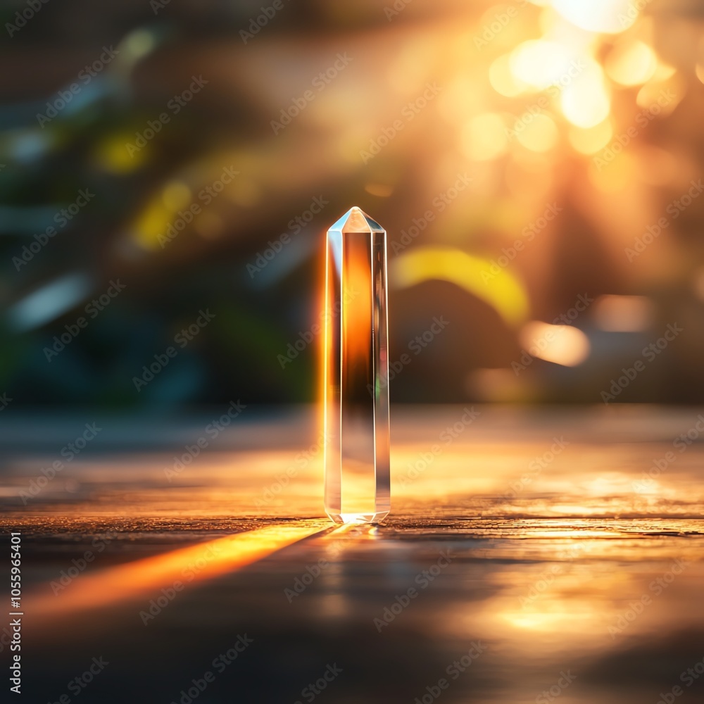 Poster a crystal prism capturing light, creating a stunning display of colors, with a soft focus background