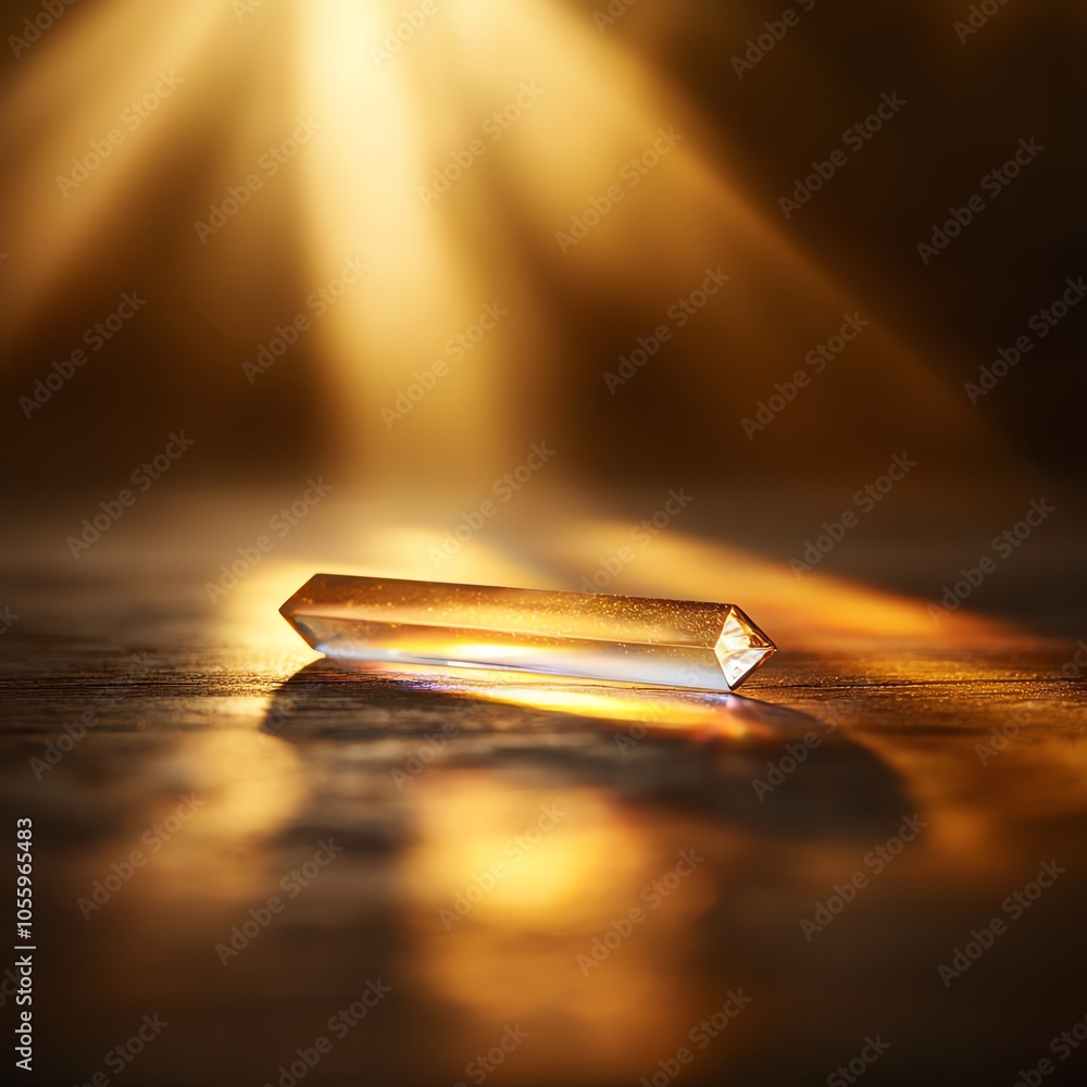 Poster a glowing crystal prism reflecting light on a surface, creating beautiful patterns and effects.