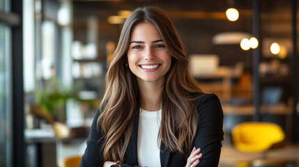 Fototapeta premium A horizontal portrait of a joyful, creative businesswoman in a trendy, open office setting. She is smiling brightly, exuding confidence and energy that reflects a positive, forward