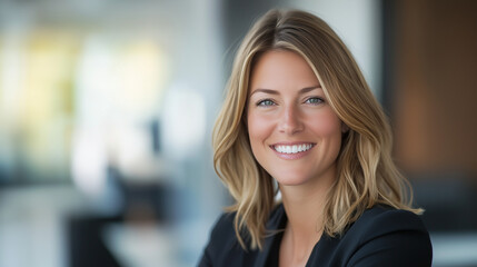 Obraz premium A close-up horizontal image of a businesswoman with a genuine smile, radiating confidence and creativity in a contemporary workspace. Her expression is friendly and approachable, s