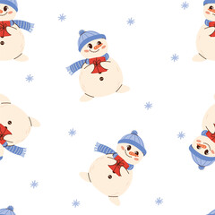 Seamless vector pattern with snowman illustration in children's style on New Year's theme. Trendy winter pattern of snowman for wrapping paper, wallpaper, stickers, notebook cover.