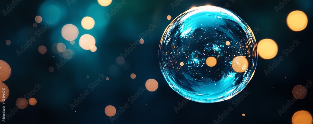 Poster a vibrant soap bubble floating in a dreamy atmosphere with colorful reflections and soft lights.