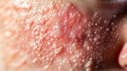 Fototapeta premium Detailed view of irritated skin with visible signs of dermatitis. The skin texture reveals red, rough patches and small bumps, with a slightly inflamed and swollen appearance. The
