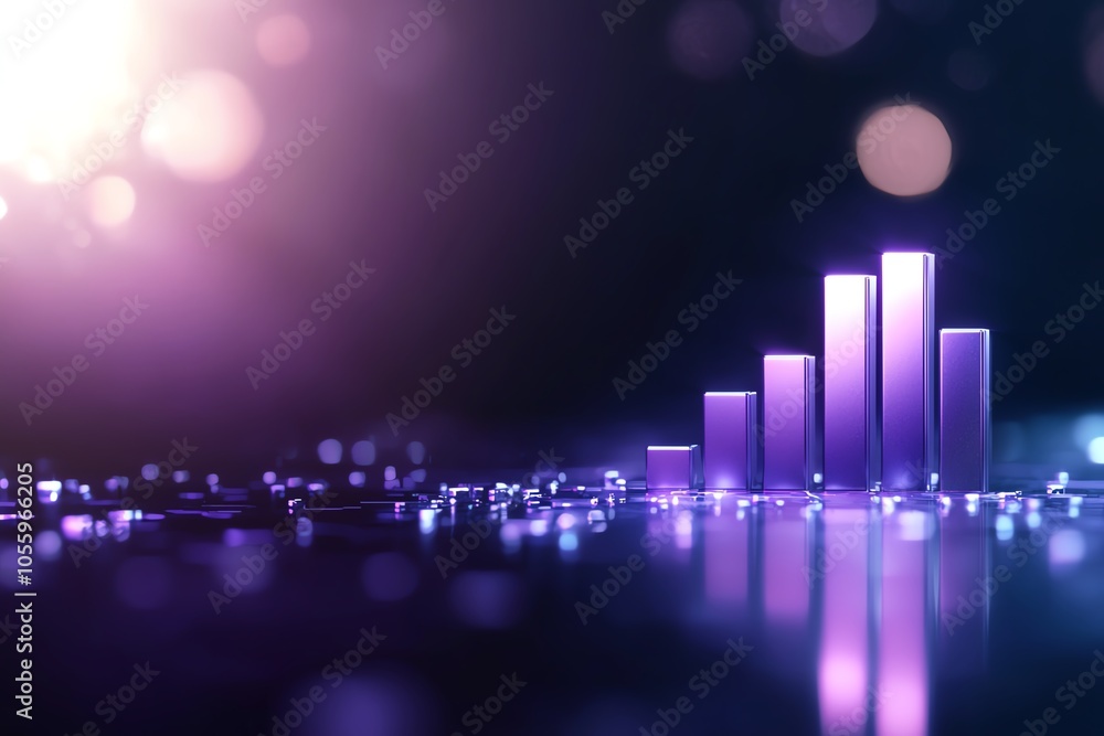 Poster abstract digital data visualization with purple bars on a dark background, showcasing growth and ana