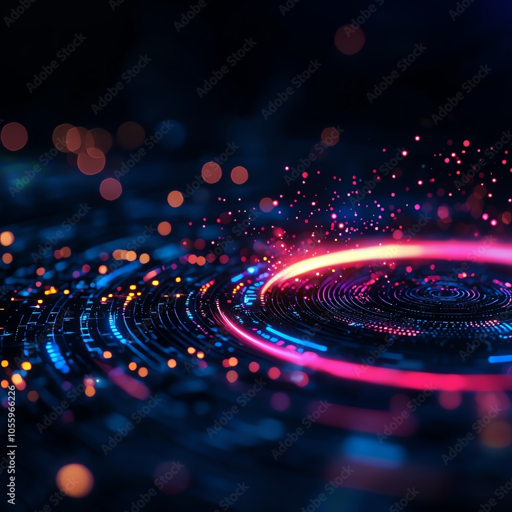 Poster abstract digital technology background with glowing colorful circles and particles on a dark backdro