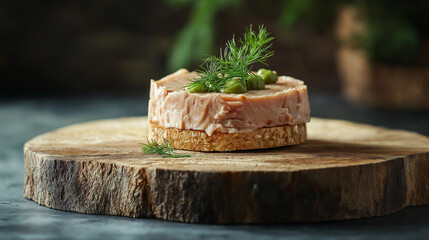 Rustic Mini Pâté Sandwich Garnished with Fresh Dill on Wooden Board – Gourmet Appetizer Close-Up with Detailed Texture and Natural Presentation