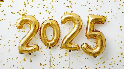 Bright golden balloons spell out 2025 as shiny confetti falls, creating a festive atmosphere perfect for New Year celebrations