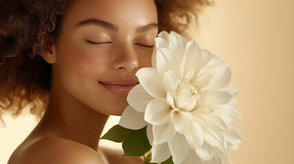 Naklejka premium Close-up of a happy woman with a large white flower, embodying freshness and purity. The minimal background and gentle tones make this suitable for nature-inspired and organic beau