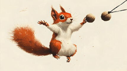 Naklejka premium A playful red squirrel interacting with acorns against a white background.