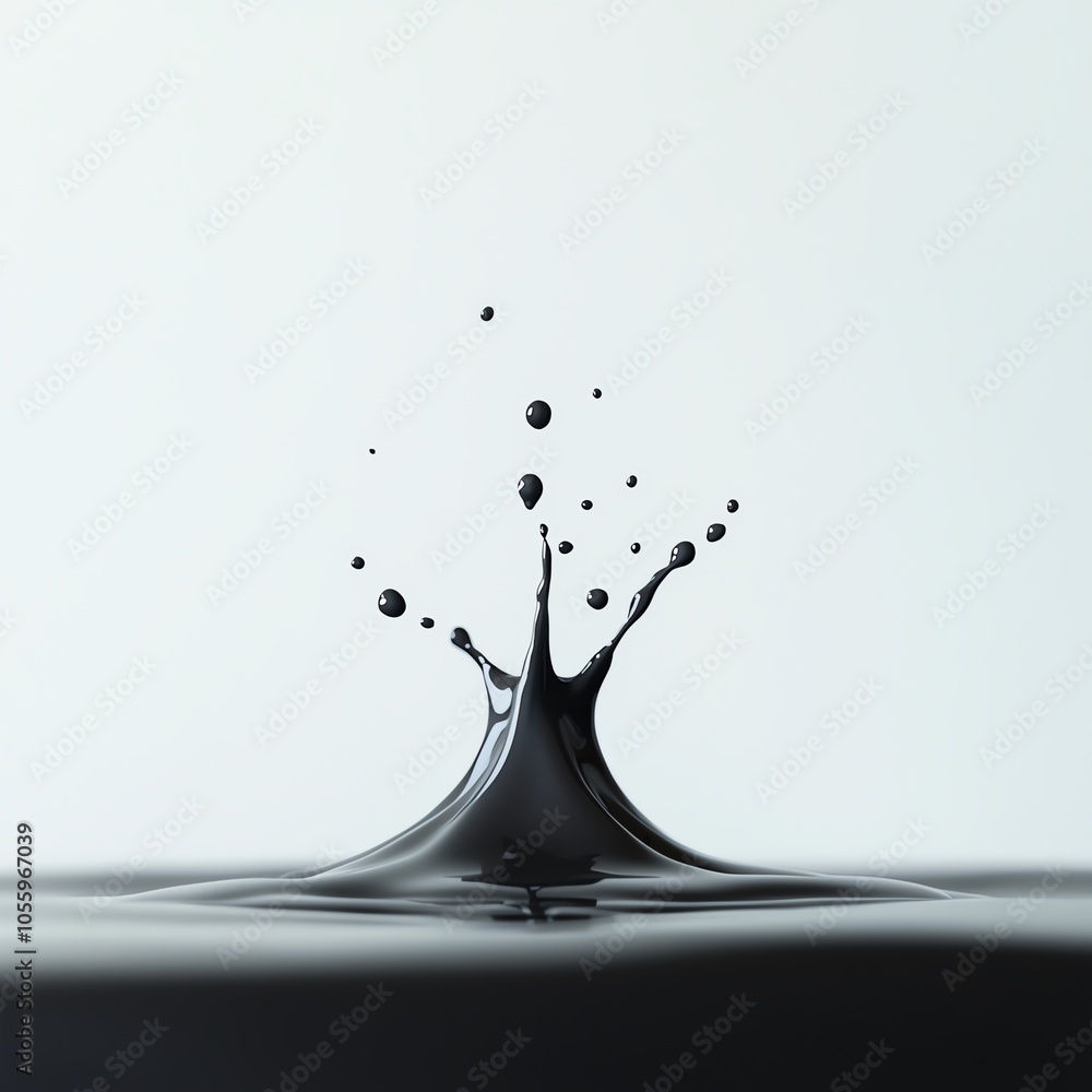Poster black liquid splash creating dynamic shapes against a white background.