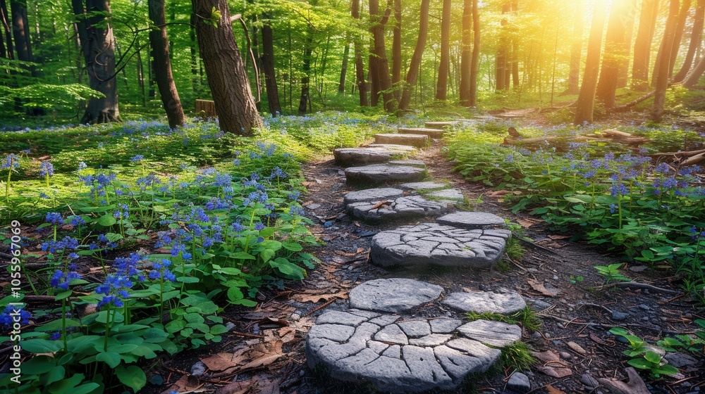 Poster A path through a forest with a stone walkway