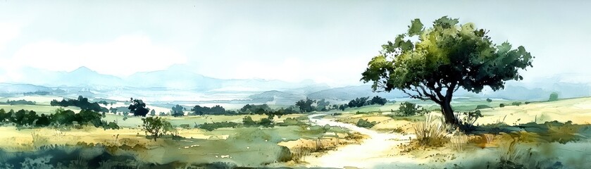 Fototapeta premium A serene landscape featuring a lone tree beside a winding path and distant hills.
