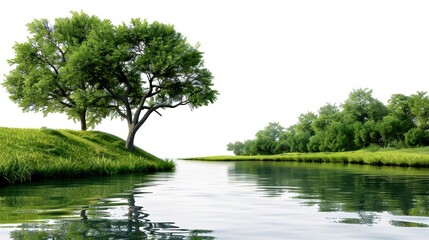 Fototapeta premium Lush greenery reflecting in calm water, serene nature scene, peaceful landscape with trees and river.