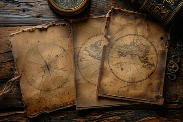 Three maps of the world are displayed on a wooden table
