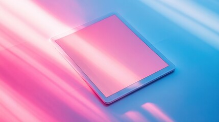 A tablet is sitting on a table with a pink and blue background