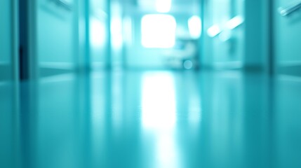 Blurred hospital corridor with turquoise tones and bright light, creating a sense of depth and tranquility.