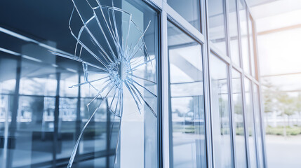 Fototapeta premium Close-up of a bullet hole in a glass facade of a modern building, captured in daylight, symbolizing security issues and urban crime.